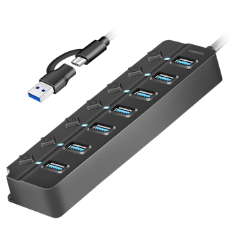 LOGILINK USB 3.2 Gen1 Hub, 7 porter, på/av-bryter, svart