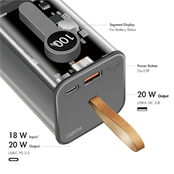 LOGILINK Powerbank 20000 mAh, 1x USB-A, 1x USB-C, med display, PD & QC, transp.
