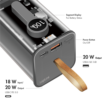 LOGILINK Powerbank 20000 mAh, 1x USB-A, 1x USB-C, med display, PD & QC, transp.