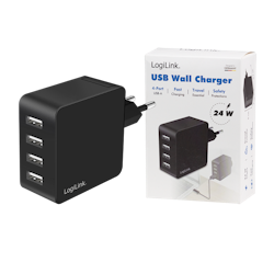 USB Vegglader 4x USB-A, 24W, svart