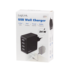 USB Vegglader 4x USB-A, 24W, svart