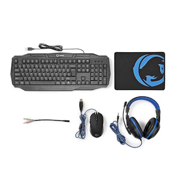 Gaming Combo Kit QWERTY Tastatur, headset, mus, musematte, Blå/Sort