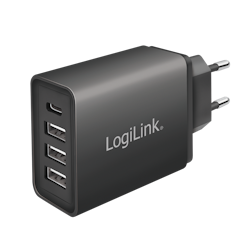 4-Port USB Hurtiglader, 1x USB-C, 3x USB-A, 27 W, Svart