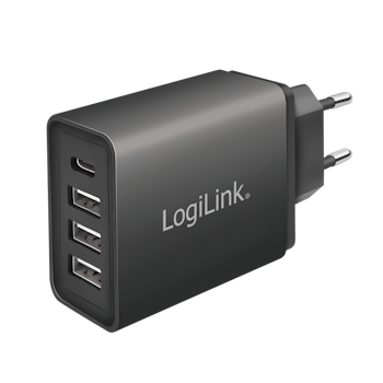 4-Port USB Hurtiglader, 1x USB-C, 3x USB-A, 27 W, Svart