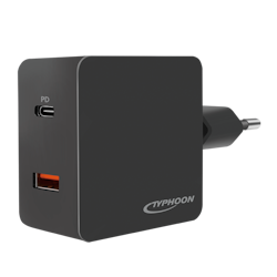 Dobbel USB-ladeadapter, 18 W, 1x USB-C (PD) & 1x USB-A (QC), svart