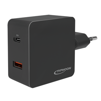 Dobbel USB-ladeadapter, 18 W, 1x USB-C (PD) & 1x USB-A (QC), svart