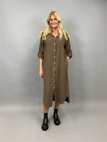 Lång skjortklänning i linnemix, Brun