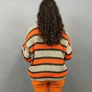 EMELINA Randig stickad kofta, orange & brun
