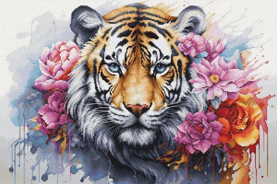 Broderikit Tavla Wild Life of predator Tiger och blommor