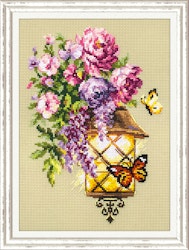 Broderikit Tavla Lykta Blommor Fjärilar brodera korsstygn