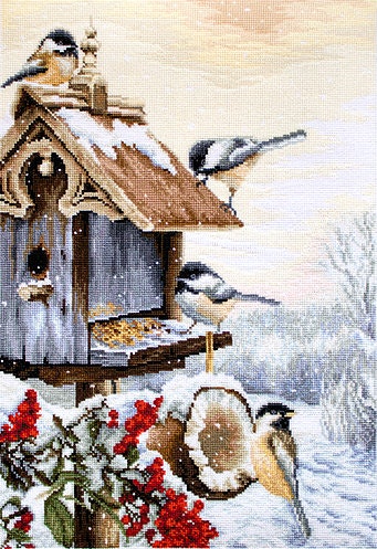 Broderikit tavla Fågel hus Vinter Naturen brodera korsstygn
