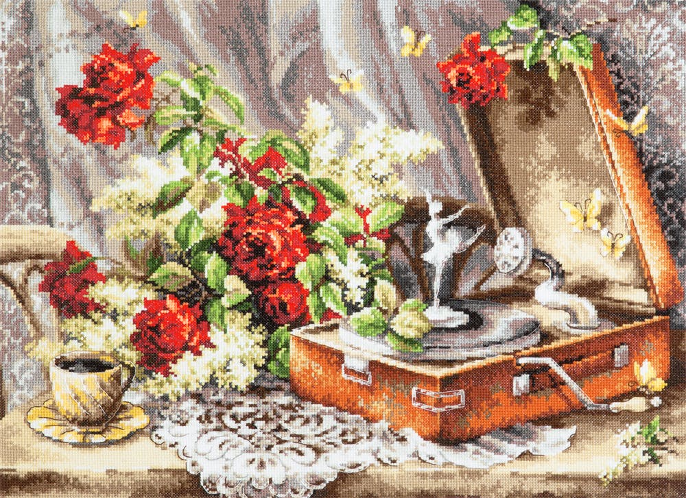 Broderikit Tavla Nostalgi rosor blommor ballerina grammofon brodera korsstygn