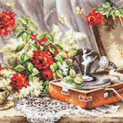 Broderikit Tavla Nostalgi rosor blommor ballerina grammofon