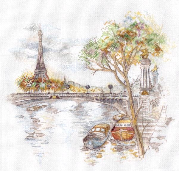 Broderikit Tavla Höst i Paris Eiffeltorn bro huvudstad brodera korsstygn