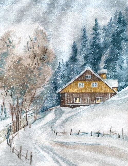 Broderikit Tavla Winter silence Mysig Stuga och snöfall