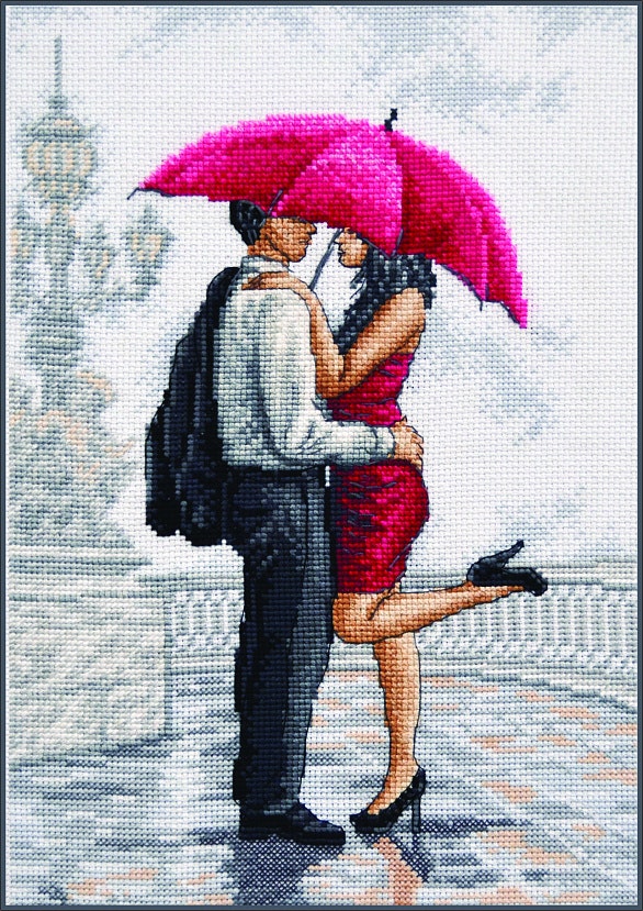 Broderikit Tavla Romantik Under regn Paraply