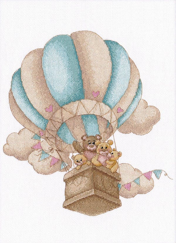 Broderikit tavla Nallar flyger på en Luftballong