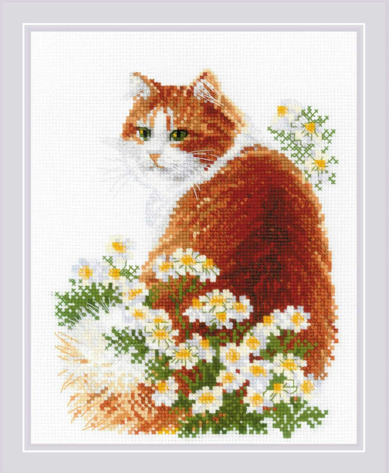 Broderikit Tavla Rödhårig katt i blommor