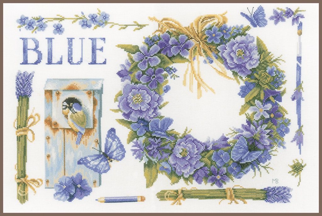 Broderikit Tavla Krans av blå blommor och mes