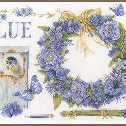 Broderikit Tavla Krans av blå blommor och mes