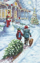 Broderikit Tavla Christmas Tradition - Barn och en julgran på en släde