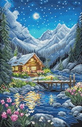Broderikit Tavla Moonlit night - Stuga under moon ljus
