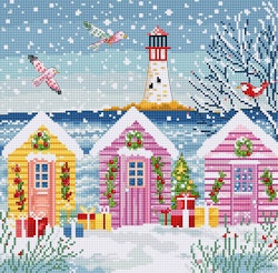 Broderikit Tavla Snowy Sea Cottages - Snöfall vid havet