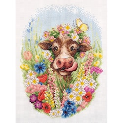 Broderikit Tavla Sunny the Cow - Ko bland blommor