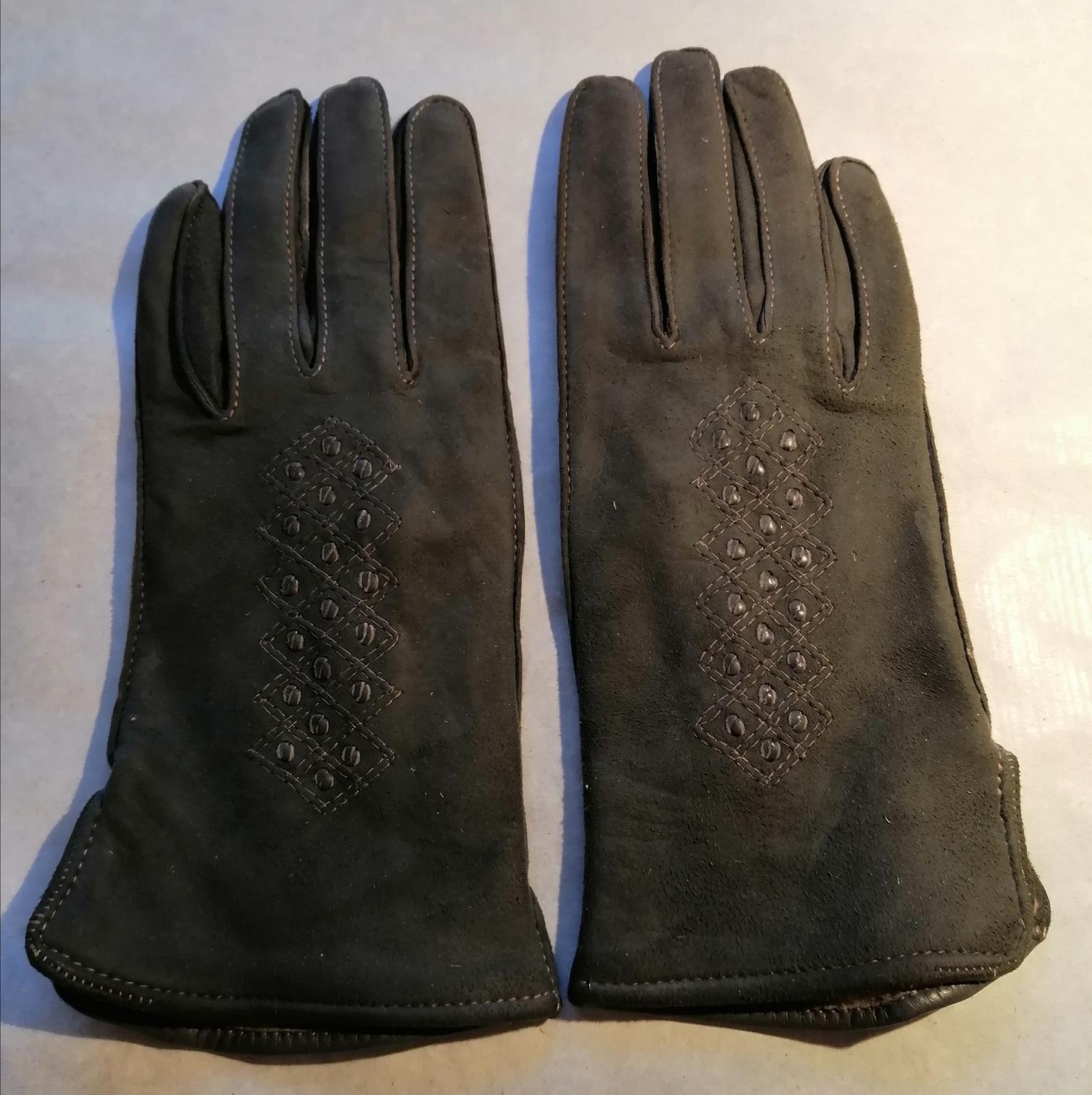 Vintage gröna handskar fint mönster mocka och skinn fodrade stl 6 ca