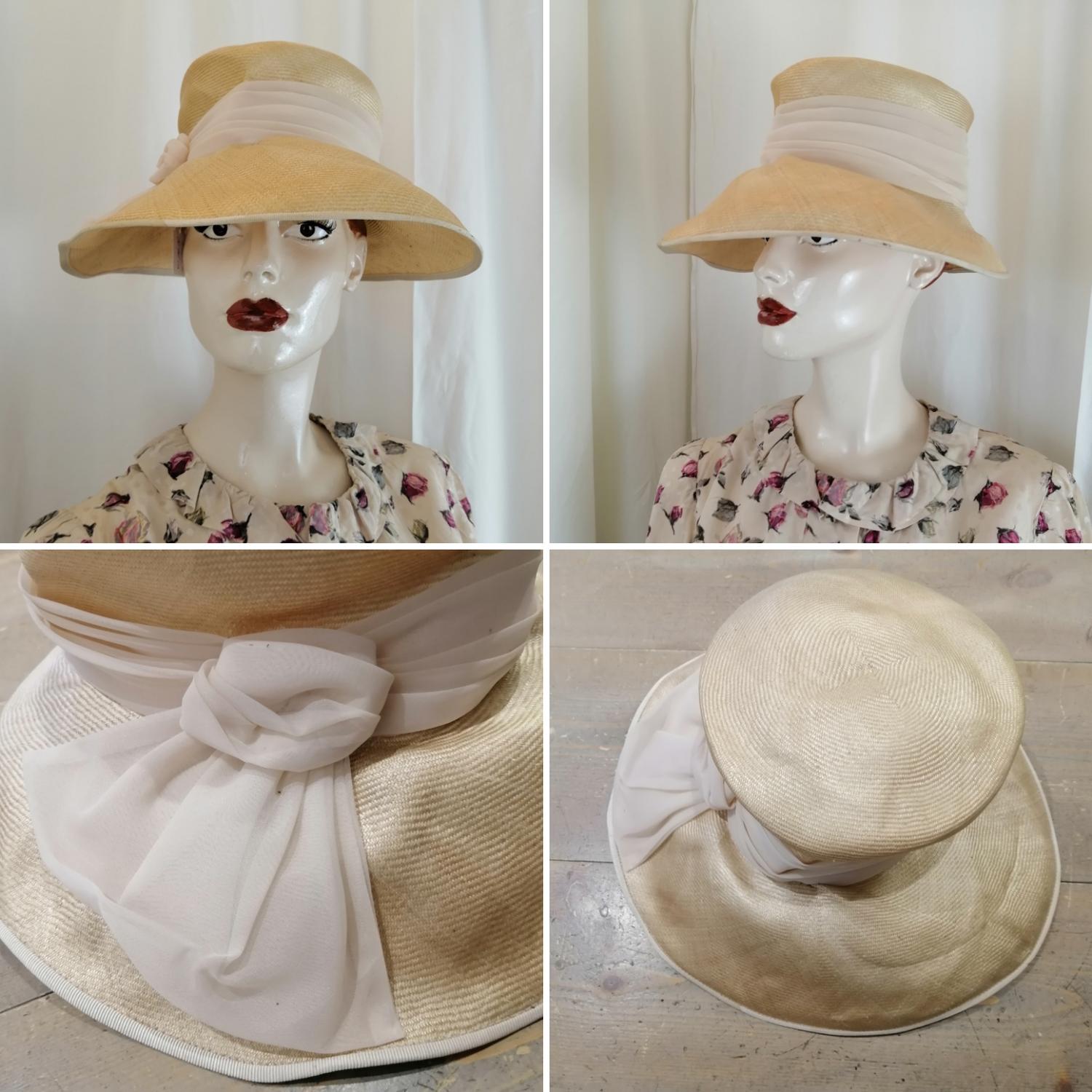 Vintage retro hatt damhatt sommarhatt brätte ljus rosa chiffongrosett