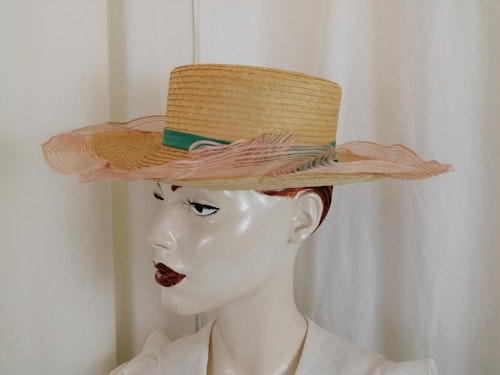 Vintage hatt damhatt halmhatt platt kulle grönt band rosa spets