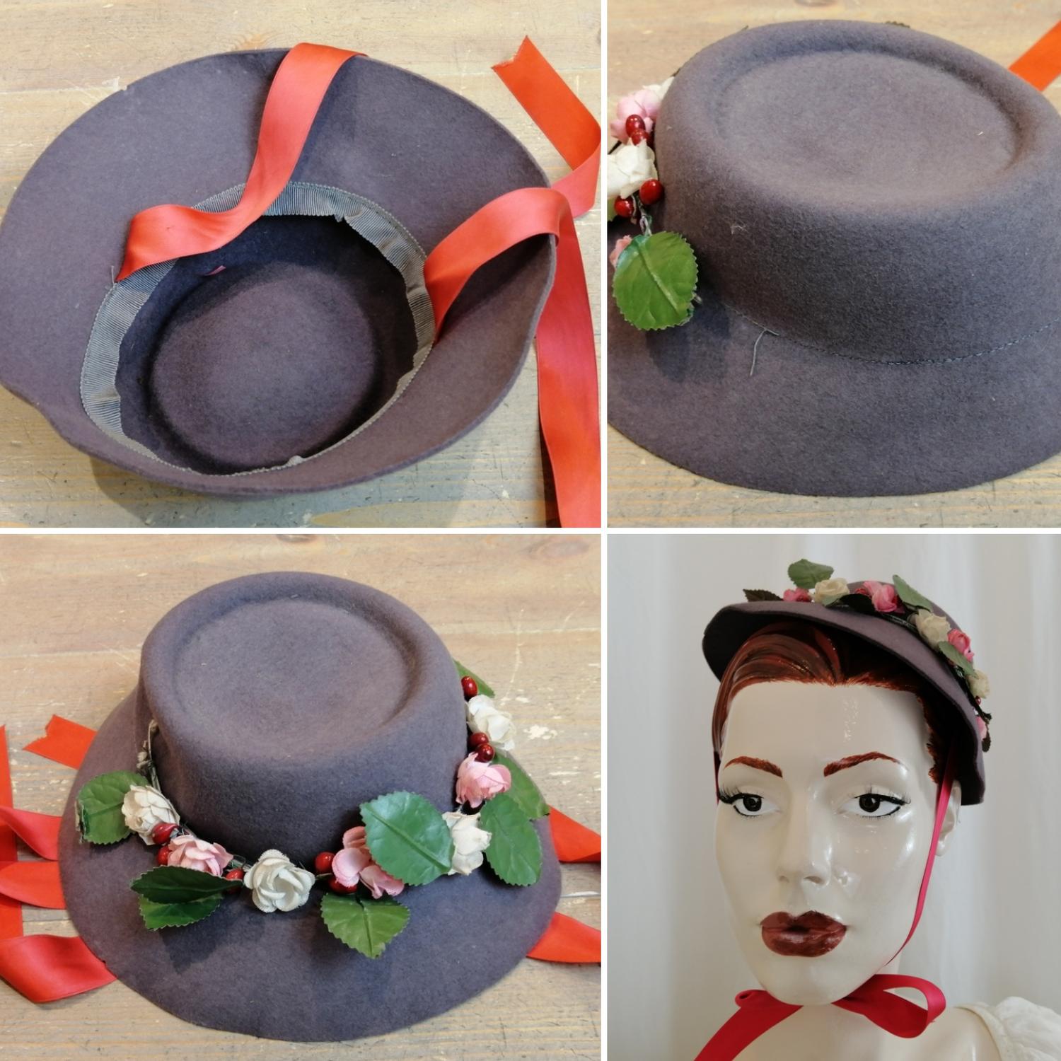 Vintage hatt damhatt grålila filthatt med blomdekorationer röda knytband