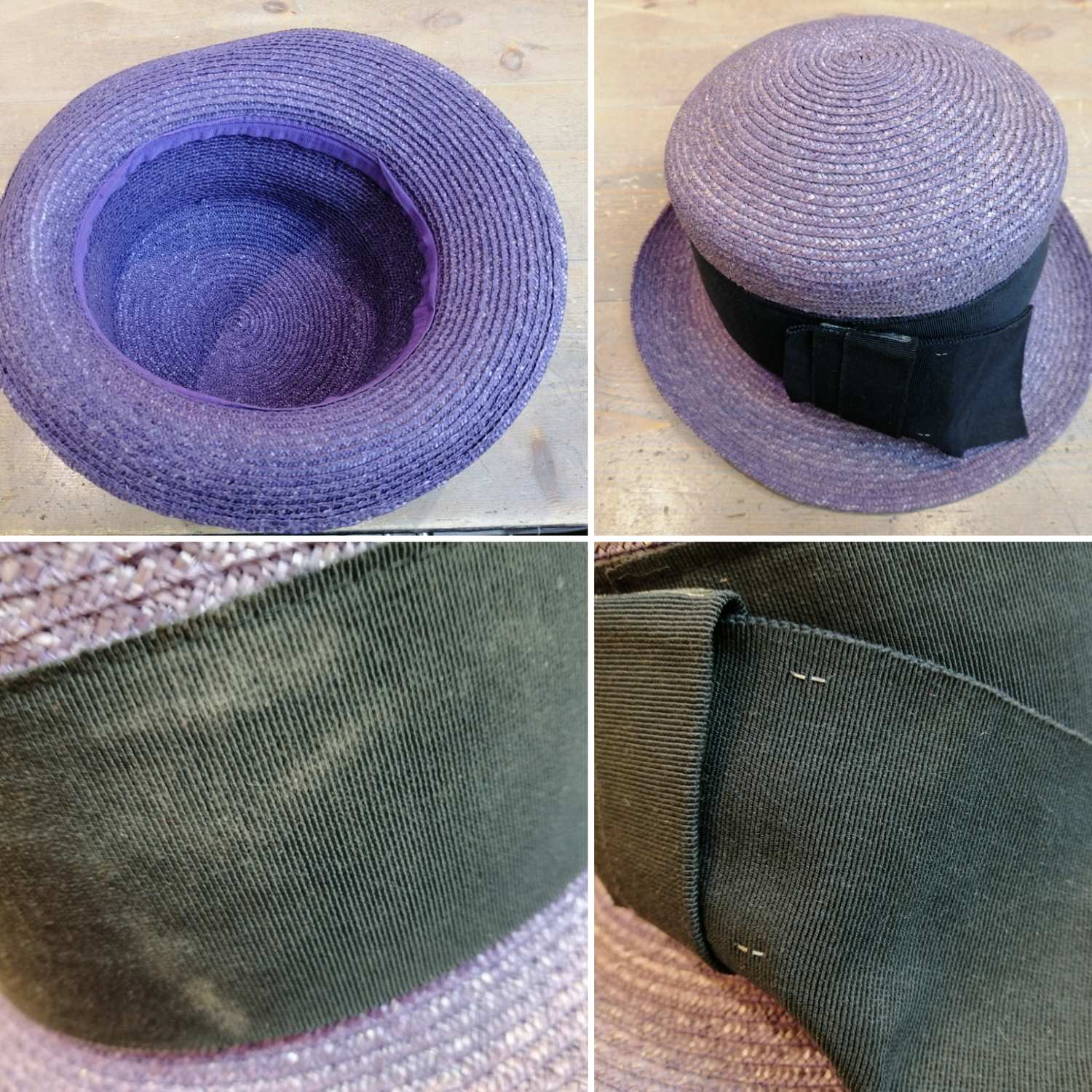 Vintage hatt damhatt lila med svart brett ripsband rund kulle