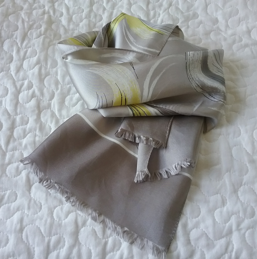 Retro vintage scarf scarves sjal avlång grå-gul med kort frans 50-tal 60-tal