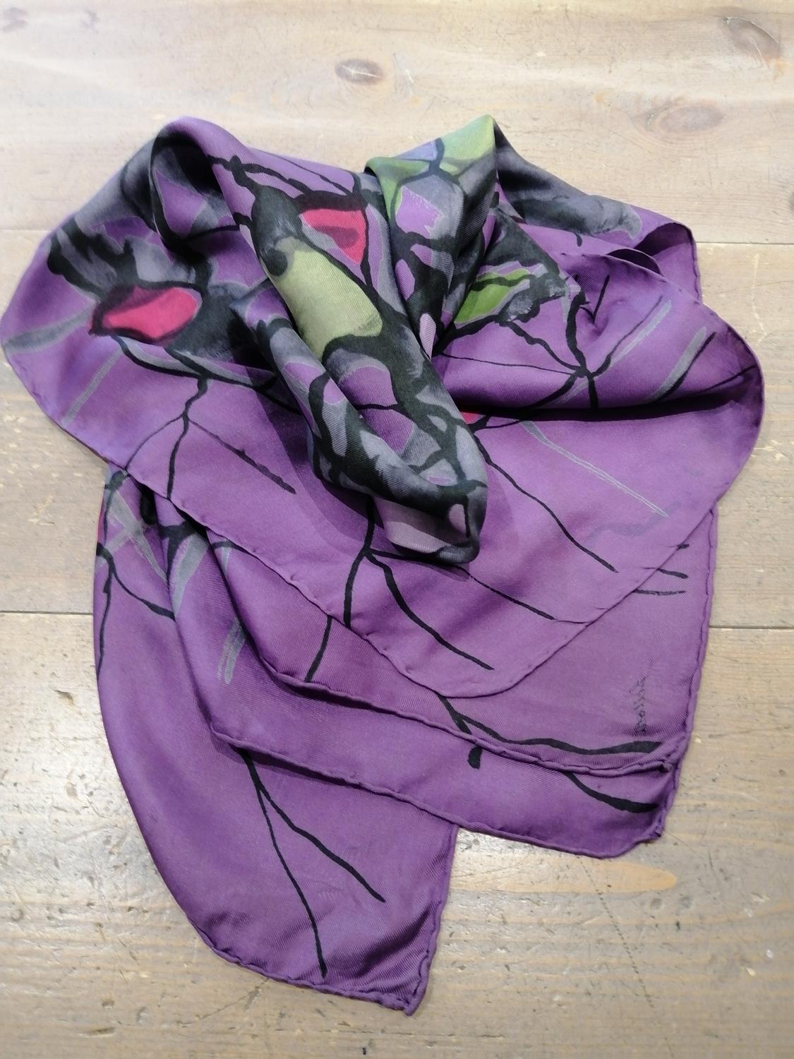 Vintage sjal scarf scarves lila mönstrad i cerise grått grönt