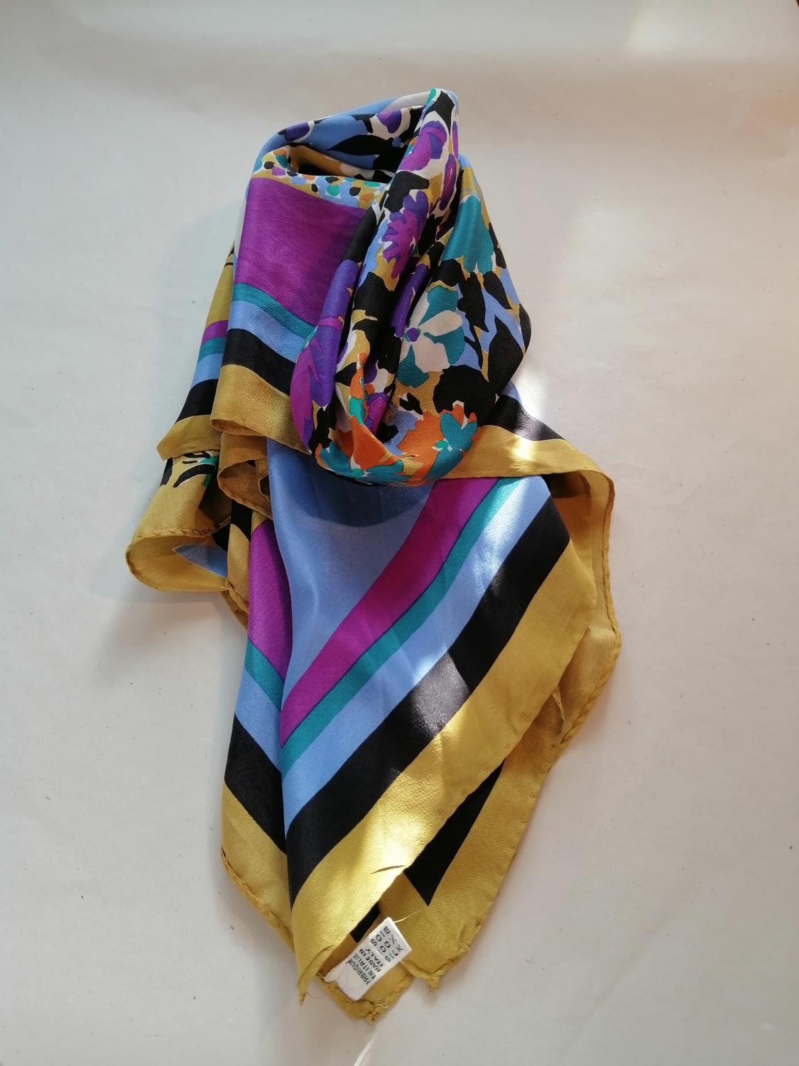 Vintage scarf sjal scarves siden blommig senapsgul lila mm