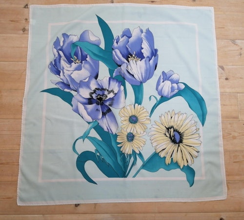 Vintage sjal scarf scarves stor ljusblå blå turkosgrön ljusgul blommor