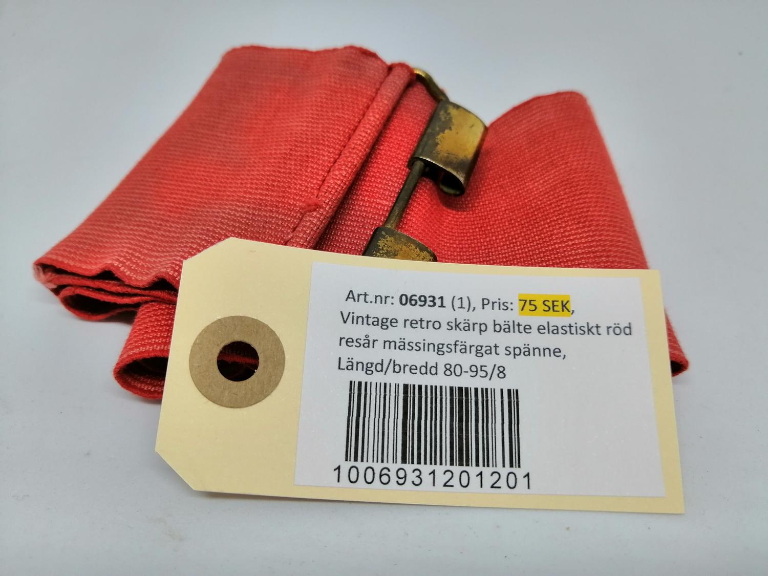 Vintage retro skärp bälte elastiskt röd resår mässingsfärgat spänne