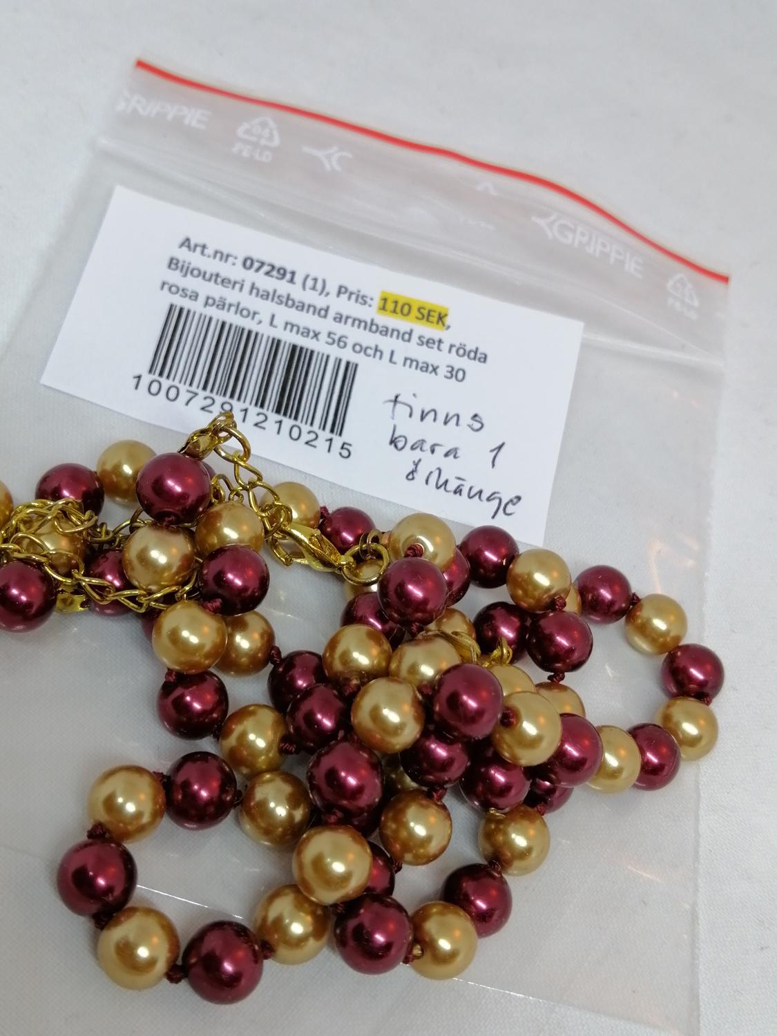 Bijouteri halsband armband set röda och guldfärgade pärlor