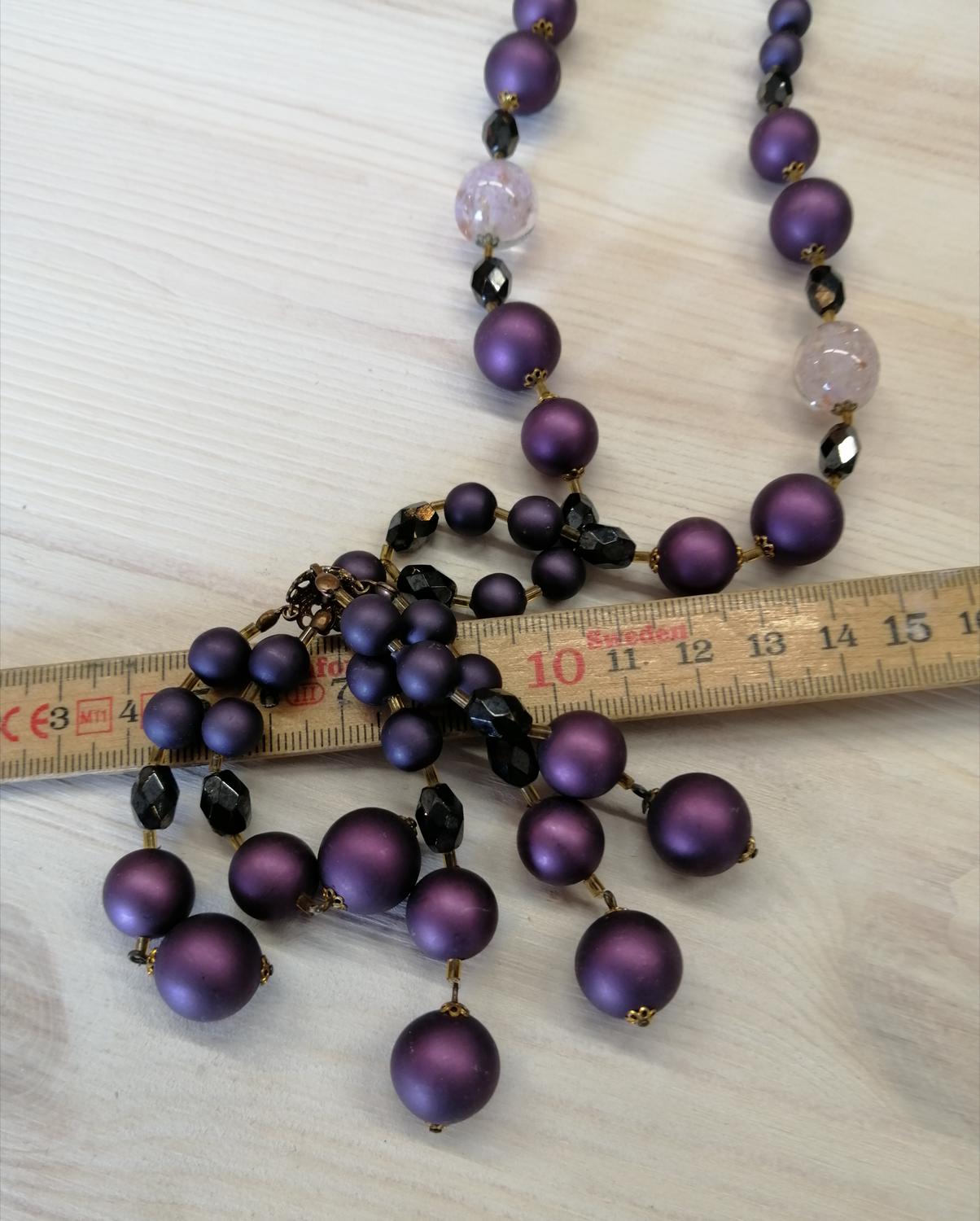 Vintage bijouteri halsband lila svart långt med pärl-hänge