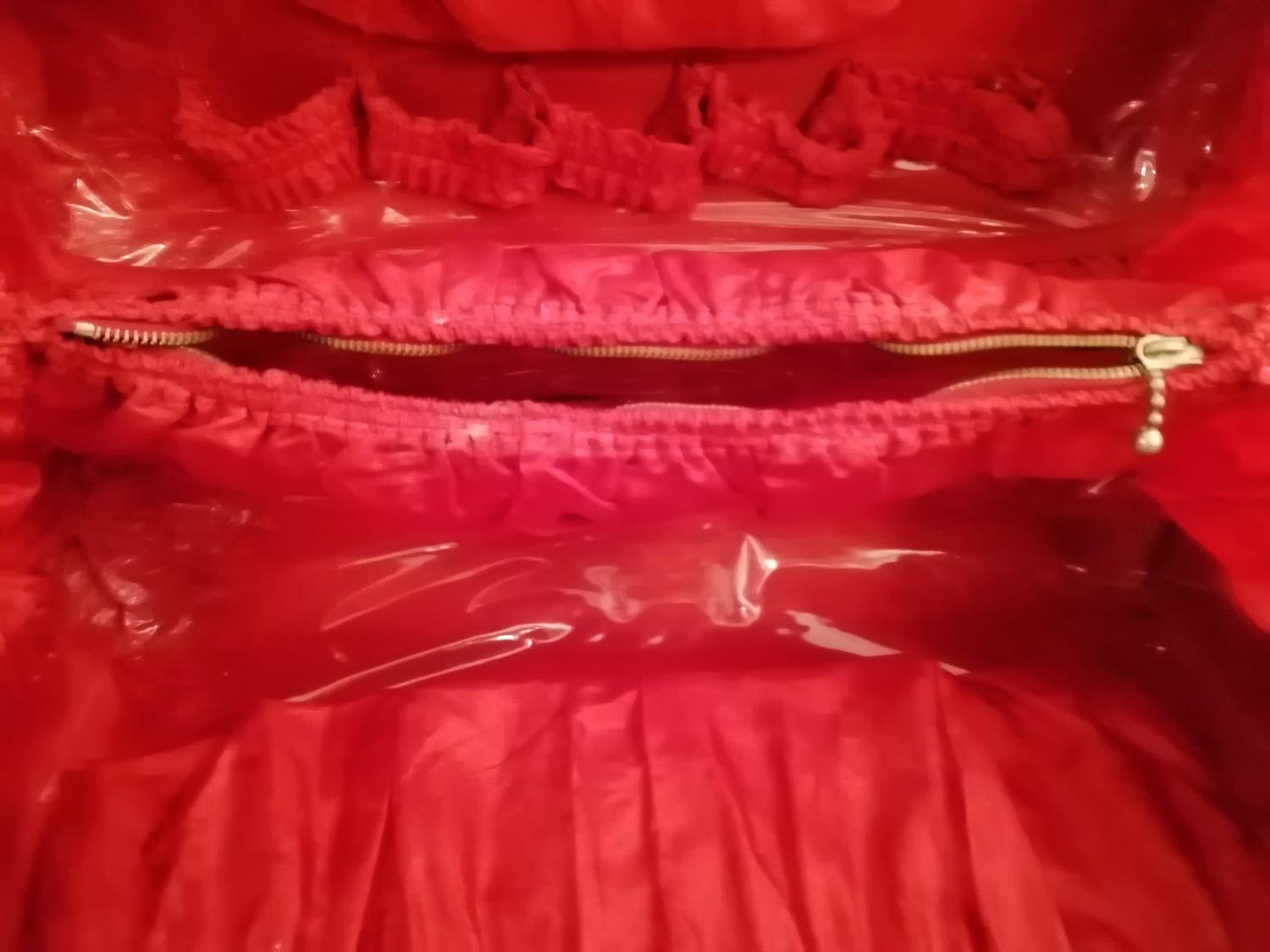 Vintage retro väska större sminkväska gråmelerad med rött inuti många fack