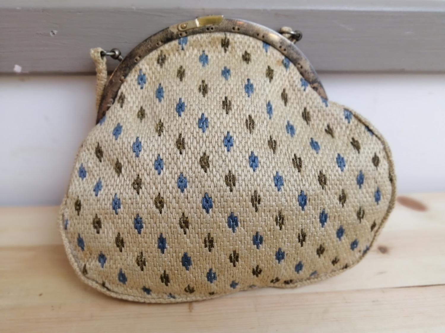 Vintage retro handväska sommar beige med mönster i blått brunt textil
