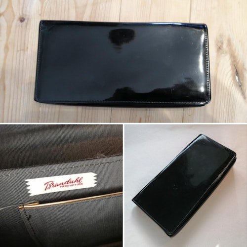 Vintage clutch aftonväska svart lack litet fack och spegel Brandahl