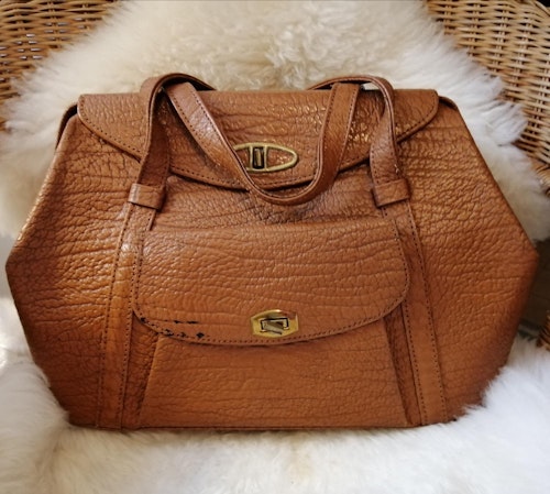 Vintage större shopping-bag eller handväska korta handtag präglat läder brun