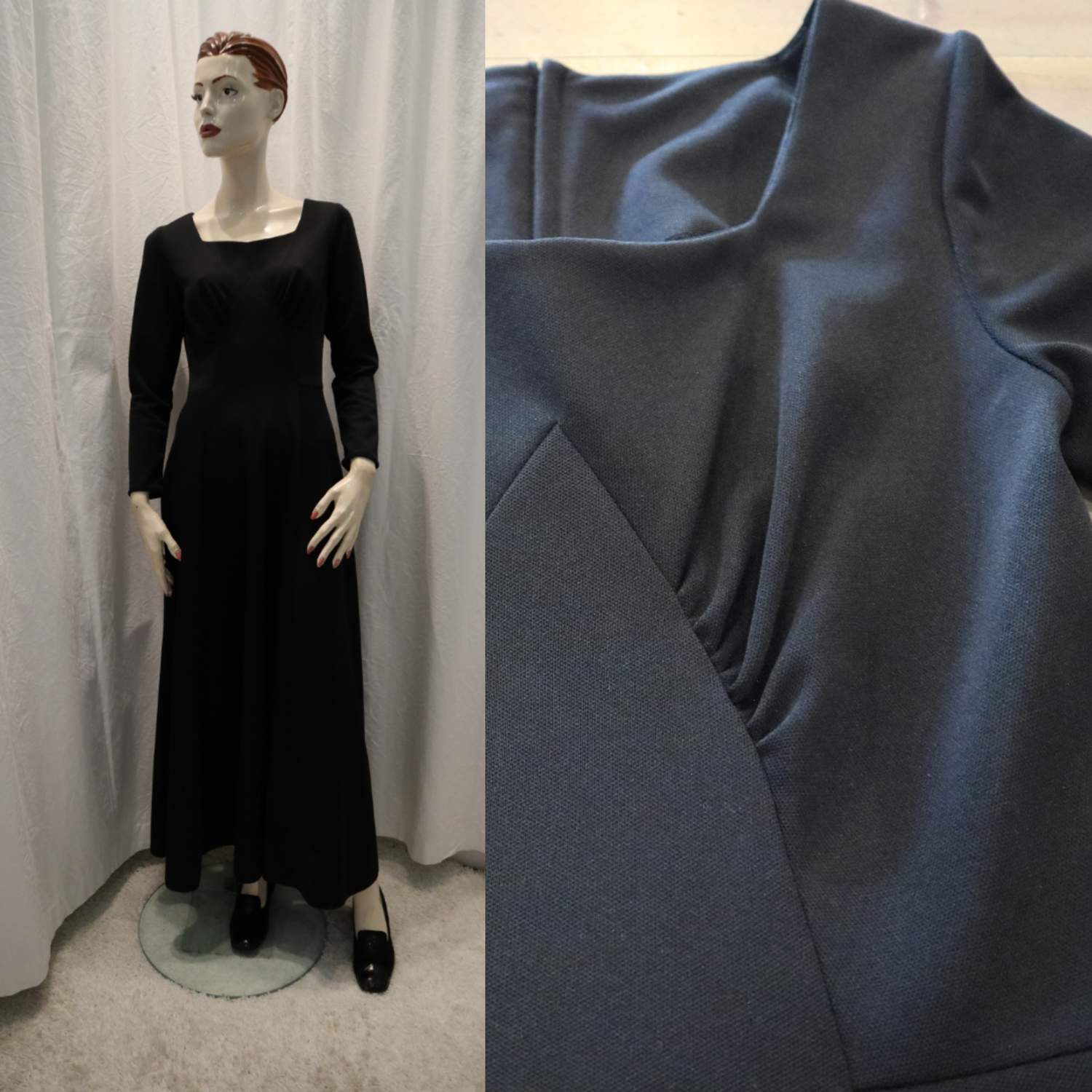 Vintage retro svart långklänning fin skärning syntet lång arm 6070-tal