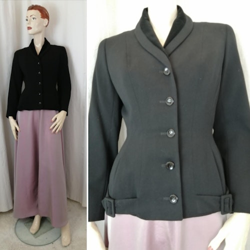 Vintage elegant svart kavaj ull med sammetskrage figursydd spännen höften
