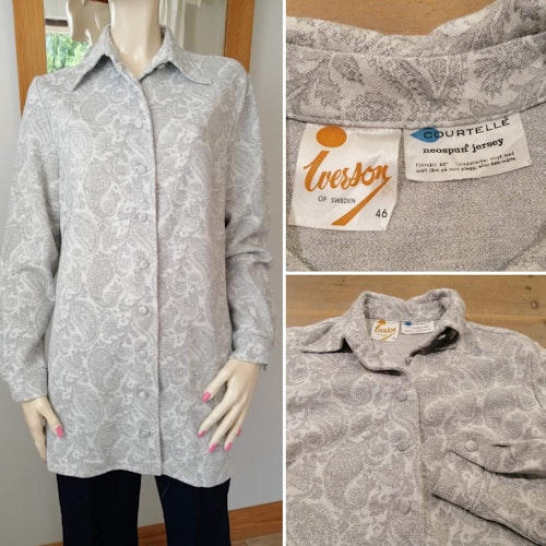 Vintage tunika knappar fram lång ärm paisley-mönster silver vitt