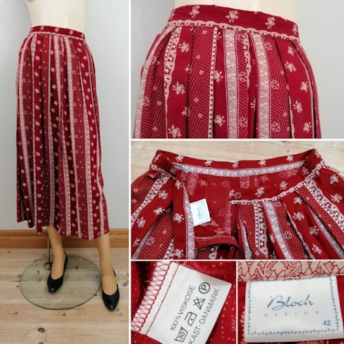 Vintage röd kjol veck i midjan vita blommor längre 80-tal