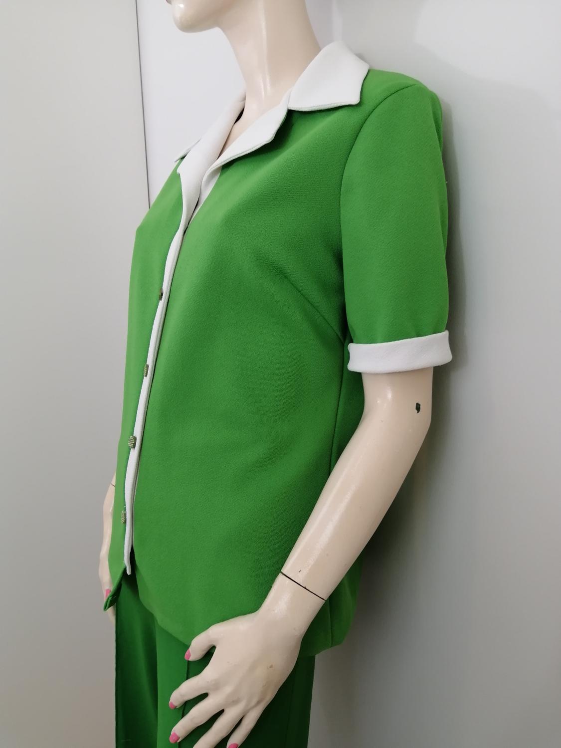 Vintage illgrön tunika blus kort ärm vita detaljer prickiga knappar 70-tal