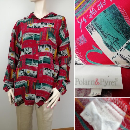 Second hand Polarn & Pyret skjorta med huva röd med japaninspirerat mönster